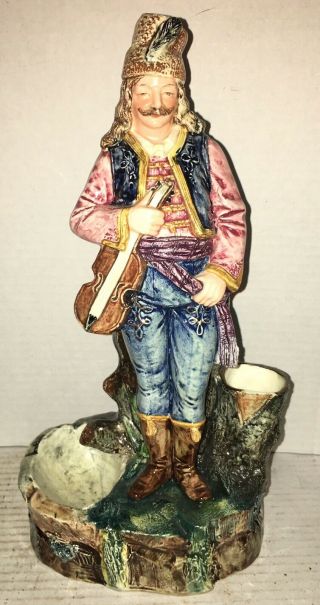 Rare Austrian Majolica Figurine Smoke Cigar Match Holder Musician Fiddle Violin