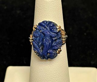 14k Two Tone Gold Art Deco Bird Carved Lapis Stone Ring Size: 5