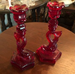 Vintage Dragon Koi Fish Candlestick Candle Holders Pair 8 " Red Glass