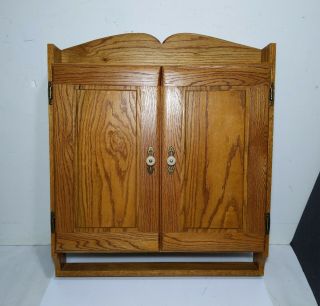 Vintage Farmhouse Solid Oak Wood Wall Curio Cabinet W/ Shelves & Doors Rustic