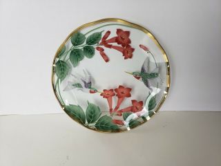 Hand Painted Clear Glass Plate With Gold Trim Humming Bird With Flowers 8.  5 "