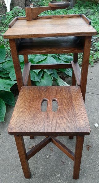 Antique Vintage Quartersawn Oak Wood Night Stand Phone Table & Stool