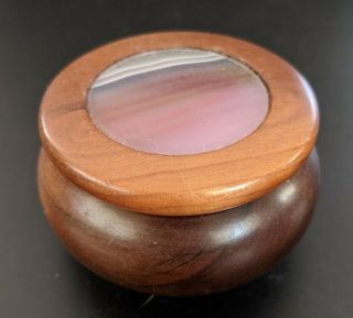 Turned Wood Trinket Box W/agate Stone Inlay Lid Lined Interior Precious Objects