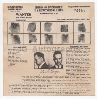 John Dillinger Doi Issued Vintage Wanted Notice U.  S.  Doj,  Washington,  Dc
