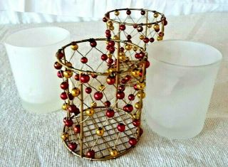 Set Of 2 Vintage 3 " X 2.  5 " Votive Tea Candle Holders Brass & Multi Color Beads