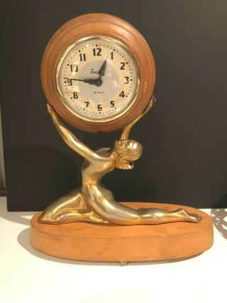 Art Deco Snider 8 Day Wind Up Nude Female Alarm Clock Brass Wood Rare