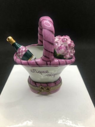 Limoges Trinket Box,  Champagne Bottle,  Purple Flower Bouquet In Basket Signed W
