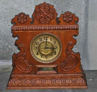 Antique 1879 Ingraham Oak T&s Mantle Clock Rosette Acanthus Applique 15 "