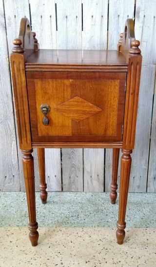 Vintage Carved Walnut Copper Lined Smoking Stand End Table Cabinet Humidor