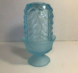 Vintage Viking Art Glass Epic Fairy Lamp Glimmer Light Blue Satin Frost Leaf