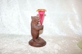 Ts Victorian German Hand Carved Black Forest Bear With Cranberry &vaseline Vase