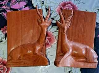 Vtg Pair African Hand Carved Wood Antelope Figure 8.  25 " Tall Book Ends,  Exc