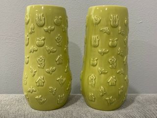 Vtg Mid Cent Red Wing Pottery Pair Charles Murphy Design Chartreuse Yellow Vases