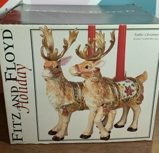 Fitz And Floyd Holiday Father Christmas Reindeer Candle Holders Pair Retired 12”