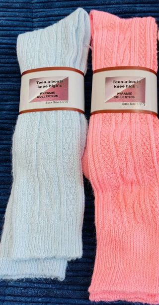 22 Pairs Vtg Teen - Abouts 75 Orlon Acrylic Blue & Pink Cable Knit Socks Nos