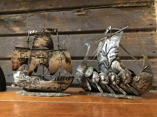 2 Metal Art Pirate Ships 9”x9”x3” Sailing Boat Figure Sculpture Home Decorative