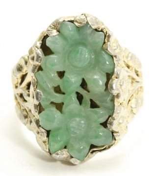 Antique Chinese Export Silver Hand Carved Jade Flower Art Deco Adjustable Ring