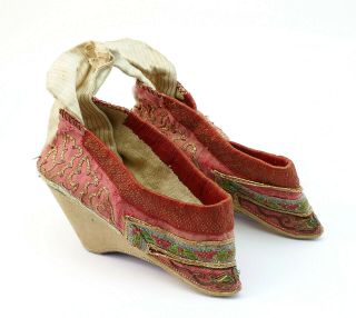 Antique Chinese Qing Period Pair Hand Embroidered Silk Lotus Shoes Bound Feet