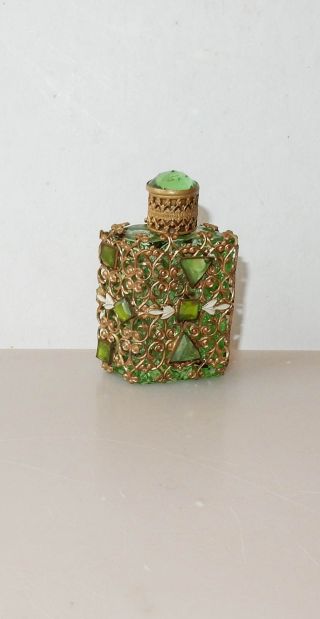 Antique Czech Glass Perfume Bottle Mini Lime Green Parallelogram Filigree