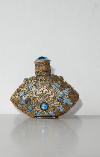 Antique Czech Glass Perfume Bottle Mini Blue Rhinestone Filigree Enamel