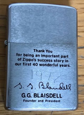 Vintage 1972 Zippo Lighter 40th Anniversary Founder Blaisdell Thank You
