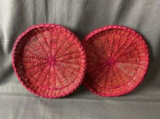 Vintage Set Of 2 Flat Round Reddish Orange Wicker Woven Baskets Wall Table Jl