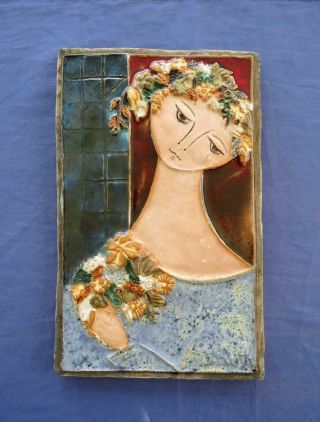 Vtg Israeli Modern Art Ruth Faktor Faktorowicz Ceramic Tile Girl W/flowers 10x7