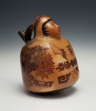 Antique Pre - Columbian Nazca Culture Polychrome Decorated Figural Stirrup Vessel