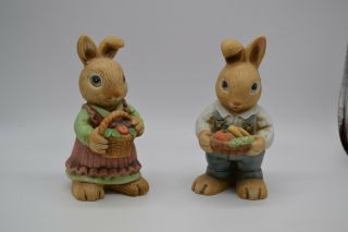 2 Homco Bunnies 1446 Figurine Porcelain Bunny Rabbits Boy Girl Harvest 5.  5 Inch