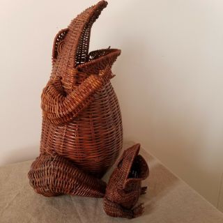Vintage Wicker Rattan Frog,  Toad Mama With Baby Mid Century Plant Stand Basket