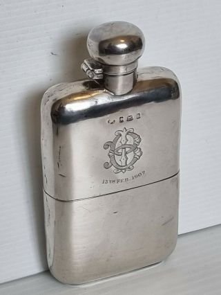1905 Birmingham Solid Silver Hallmarked Hip Flask & Cup,  218g