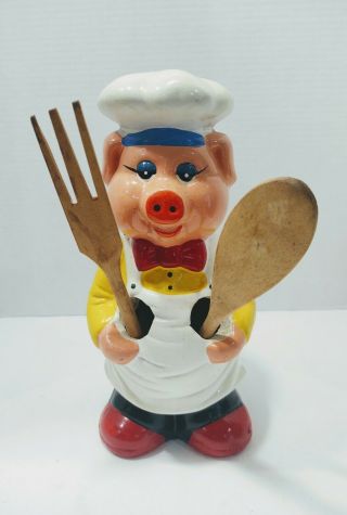 Vintage Chef Pig Kitchen Utensil Holder 10 1/2 " X 5 " X 4 " Great Color 