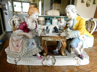 Vintage 10 " Kpm Porcelain Figurine - Colonial Couple Playing Chess - Hand Painted