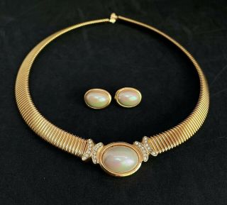 Vtg Christian Dior Set Choker Necklace & Clip On Earrings Gold Tone Signed K06