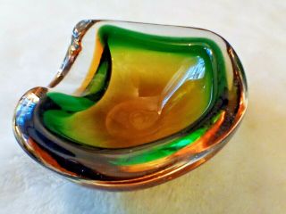 Murano Style Green Amber Clear Art Glass Hand Blown Cigar Ashtray 7 " X6 " Mcm