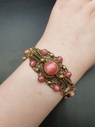 Vintage Antique 1930s Czech Filigree Pink Glass Bracelet