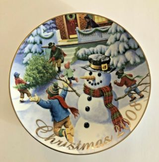 Avon Collector Christmas Plate 2008 Snowman “winter Memories” 22k Gold Trimmed