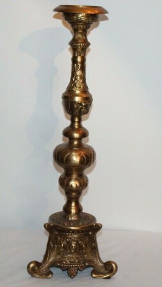 Vintage Brass Metal Pillar Candle Holder Faces Scrolls Footed Victorian Large