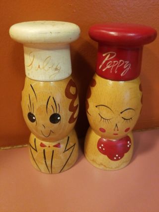 Vintage " Happy Salty  Shy Peppy " Salt Pepper Shakers Wooden 5 Inch Tall Shakers
