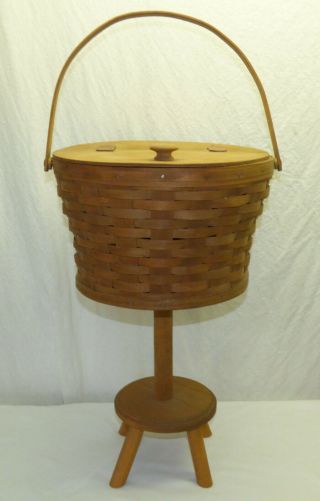 Vintage 1986 Longaberger Sewing Basket W Swinging Handle Leather Hinges & Stand