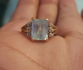 14k Solid Gold Vintage Emerald Cut 2.  5 Ct Aquamarine Diamond Ring Sz 6.  5