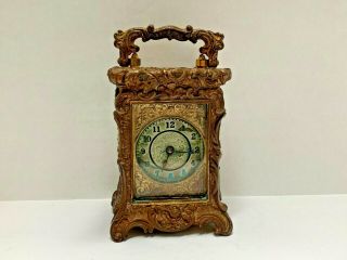 Antique Miniature Brass Ansonia Carriage Clock With Handle 1900s - Ornate Detail