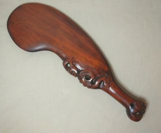 Vintage Hand Carved Wood - Zealand Maori Club With Shell Inset Eyes