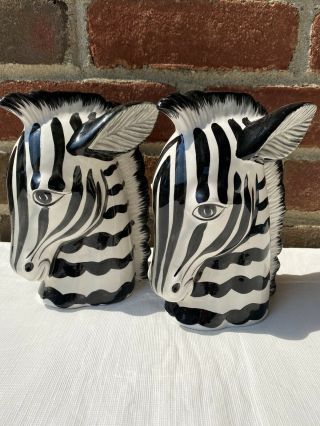 Vintage Fitz & Floyd Ceramic Zebra Heads Bookends Decor Black White Safari Japan