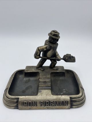 Vintage Iron Fireman Robot Double Ashtray Coal Art Deco A.  C.  Rehberger Chicago