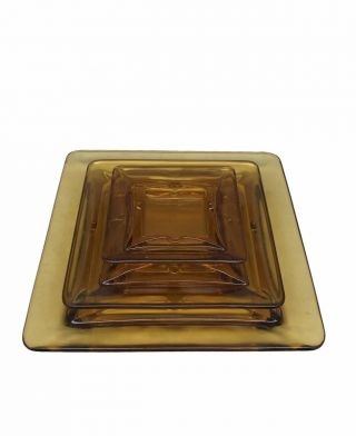 Vtg Amber Yellow Glass Mid Century 3 Four Slot Square Stacking Ashtrays