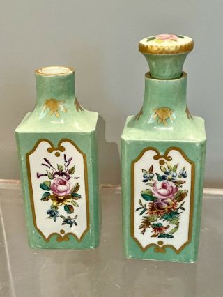 Pair Vintage Antique French Sevres Porcelain Perfume Bottle Hand Painted Flowers