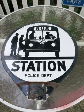 Vintage Bus Station Depot Public Service Porcelain Round Metal Sign Double Sided