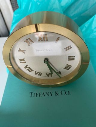 Vtg Tiffany & Co.  Brass Desk Clock 3.  5” Round Swiss Made Works/looks Perfect