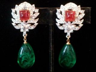 Vtg Omg Astonishong Signed Trifari Tm Regal Cb Earrings W Flawed Emerald Drops
